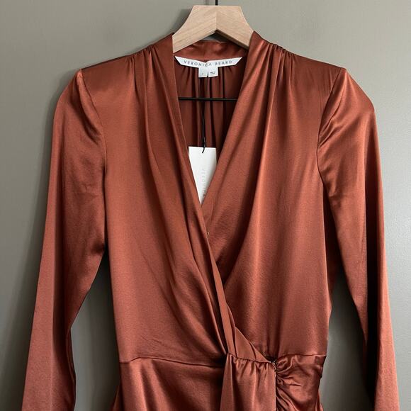 NWT Veronica Beard Agatha Wrap Dress in Cognac Size 2 Brown Silky Satin Ruched - Picture 6 of 16